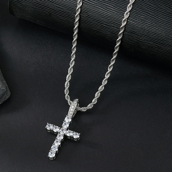 EOEMY Women Chain Zircon Cross Stainless Steel Necklace Pendant Crucifix Jesus Pendant-Silver