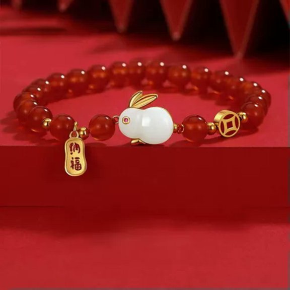 EOEMY Women Cute Red Beaded Rabbit Pendant Bracelet Chain Lucky Year Of The Rabbit -#4