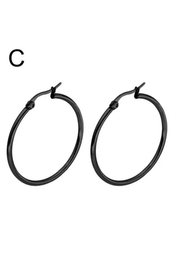 Women Ladies Simple Large Round Circle Hoop Earrings Titanium Steel Jewelry Gift-Black 30mm