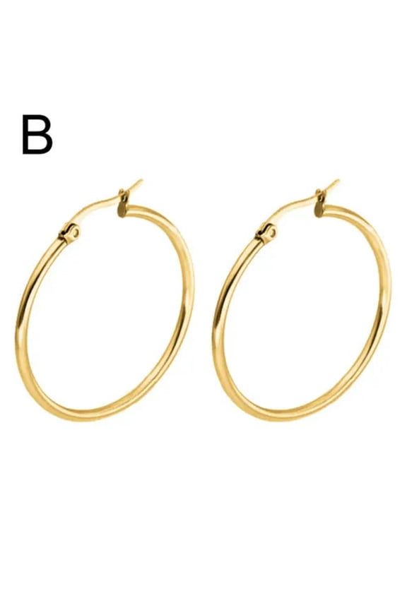 Women Ladies Simple Large Round Circle Hoop Earrings Titanium Steel Jewelry Gift-Gold 30mm