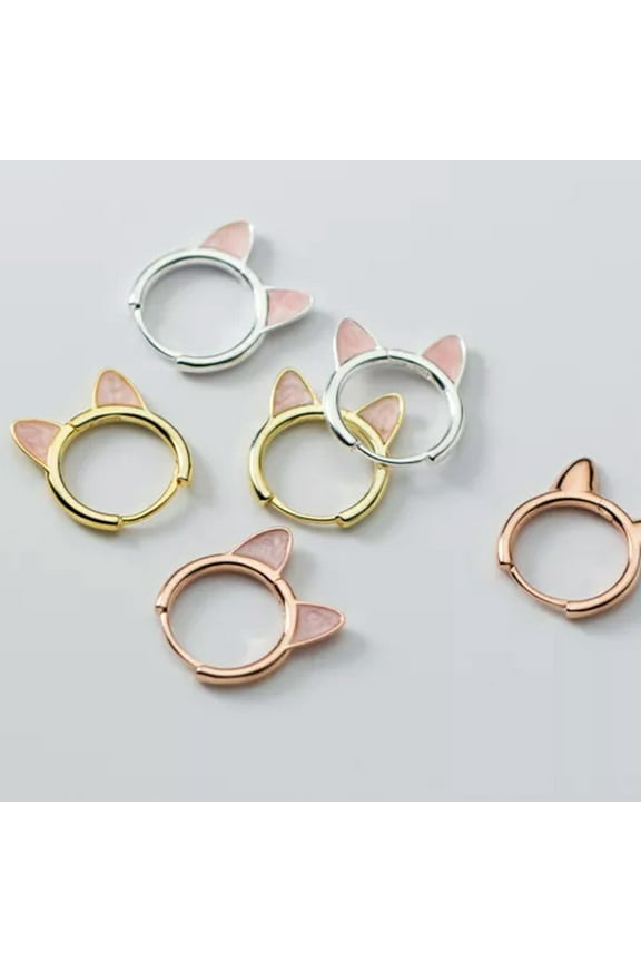Women Luxury 925 Sterling Silver Cat Ears Huggie Hoop Sleeper Earrings-Silver