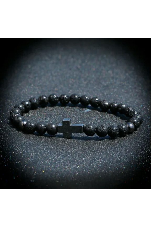 Women Men 7 Chakra Natural Hematite Stone Cross Charm Bracelets Bangles Jewelry-Cross Lava