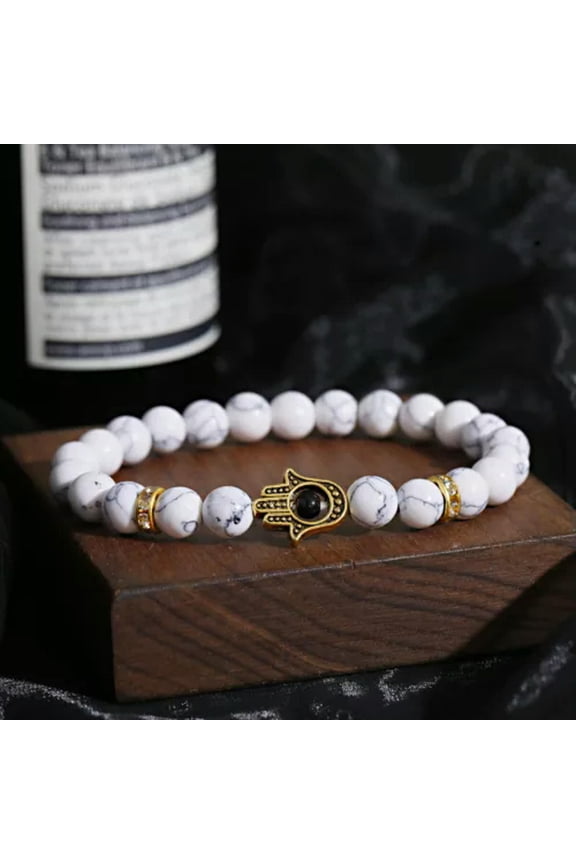 Women Men 7 Chakra Natural Hematite Stone Cross Charm Bracelets Bangles Jewelry-White Turquoise