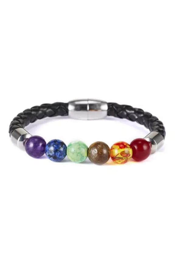 Women Men Beaded Natural Stone Yoga Reiki Healing Balance Bracelet Meditation -32-7 Chakra Black Leather