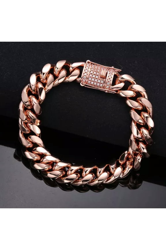 Women Mens Rose Gold Stainless Steel Miami Curb Curb Link Chain Bracelet 10/14mm-Rose Gold-14mm-9 Inches Bracelet