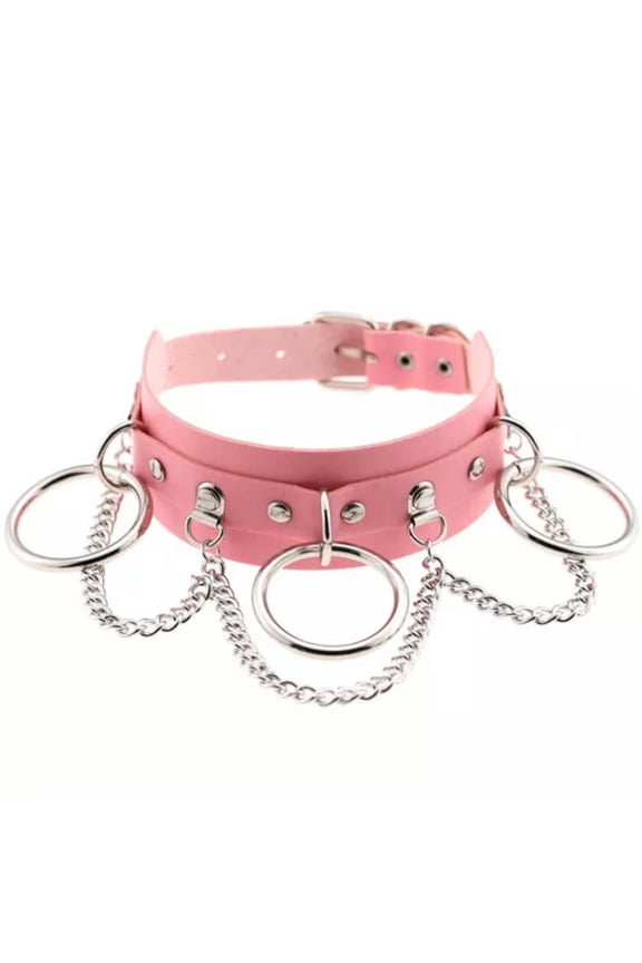 Women Punk Gothic Choker Black Necklace Pu Collar Chains Maid Accessory Cosplay-Pink