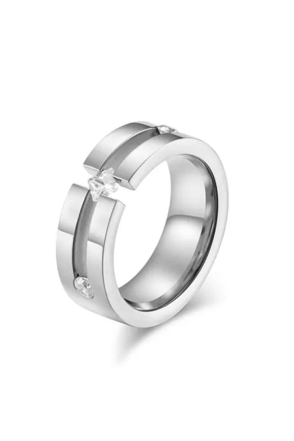 Women'S Princess Cut Cz Bands 8mm Rose Gold/Silver Titanium Steel Ring Size 6-11