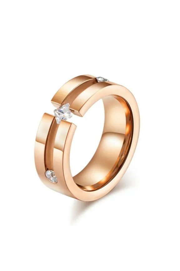 Women'S Princess Cut Cz Bands 8mm Rose Gold/Silver Titanium Steel Ring Size 6-11