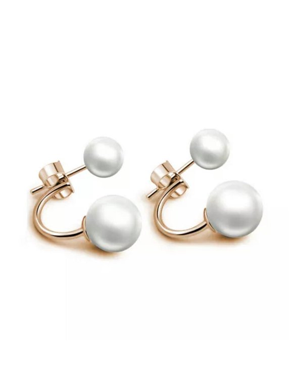 Women'S Simulated Pearl Earrings Double Side Earing Crystal Ball Stud Earrings-Gold