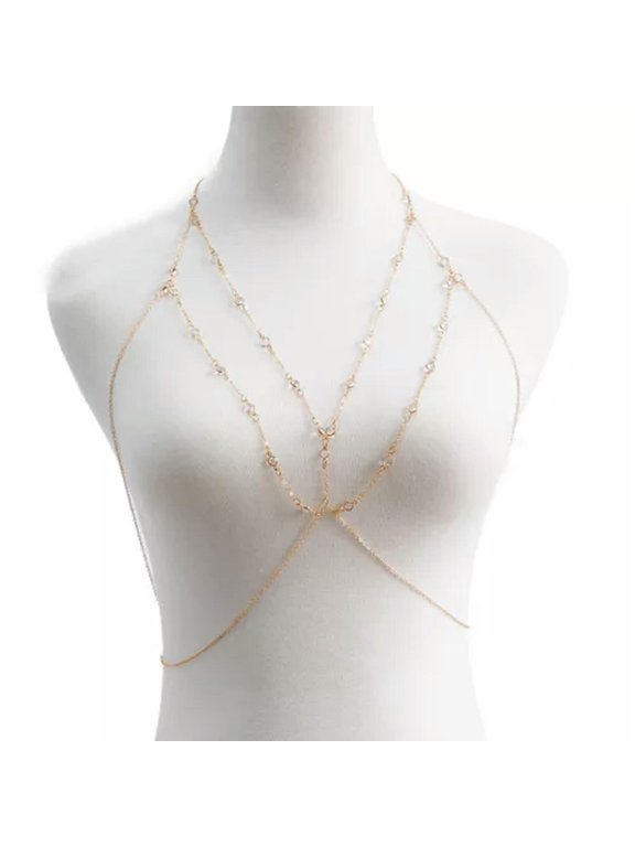 Women Sexy Bikini Flash Diamond Simple Bra Body Chain Adjustable Underwear Chain-Gold