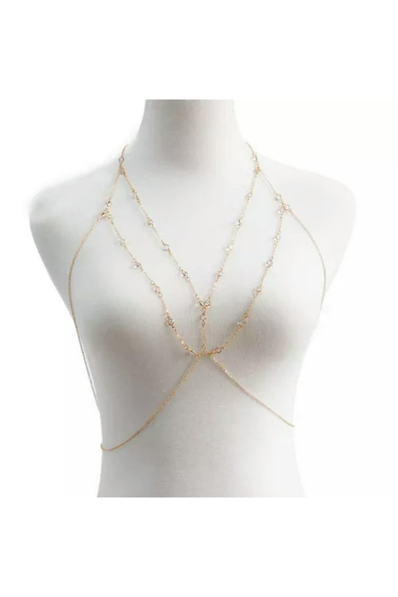 Women Sexy Bikini Flash Diamond Simple Bra Body Chain Adjustable Underwear Chain-Gold