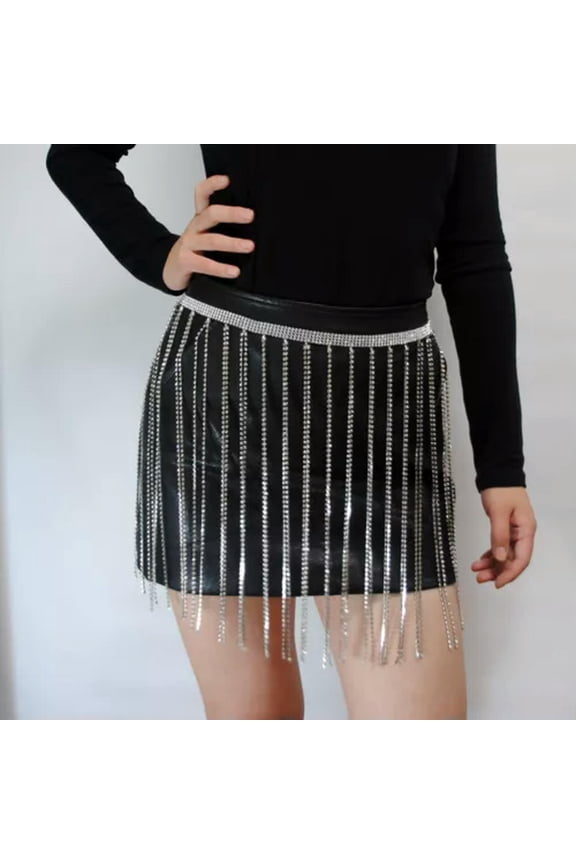 Women Sexy Nightclub Super Flash Body Chain Necklace Diamond Tassel Waist Chain-Silver