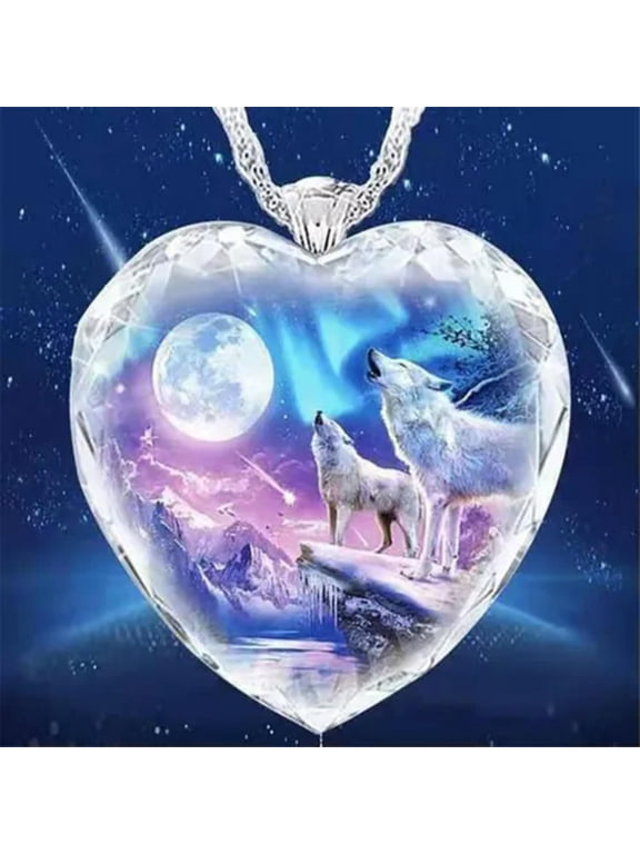 Women Silver Animal Wolf Heart Necklace Natural Crystal Jewelry Pendant Gift Us.-#2
