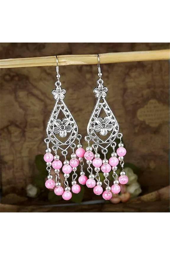 Women Vintage Fashion Bohemian Boho Multi-Color Beads Dangle Alloy Drop Earring-Pink
