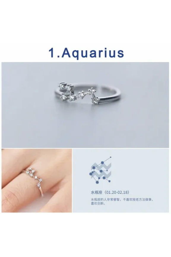 Women Zircon 12 Constellations Zodiac Sign Silver Plated Open Rings Adjustable-Aquarius