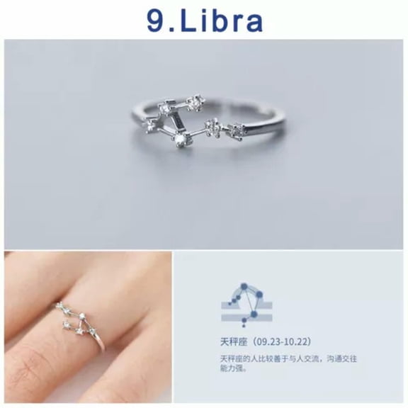EOEMY Women Zircon 12 Constellations Zodiac Sign Silver Plated Open Rings Adjustable-Libra