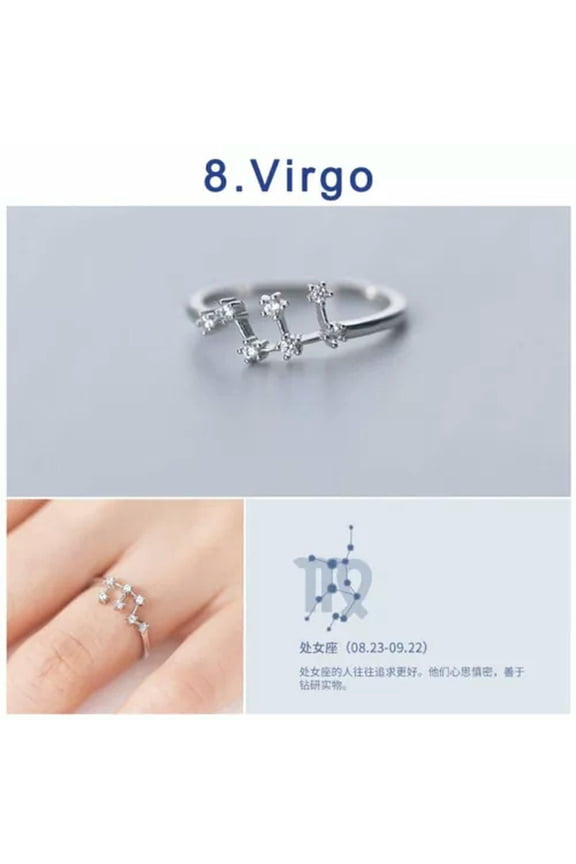 Women Zircon 12 Constellations Zodiac Sign Silver Plated Open Rings Adjustable-Virgo