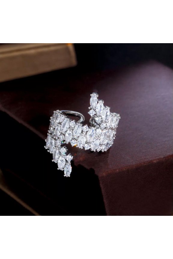 Wrap Around Finger Cz Leaf Adjustable Geometric Ring White Gold Plated Prom Gift