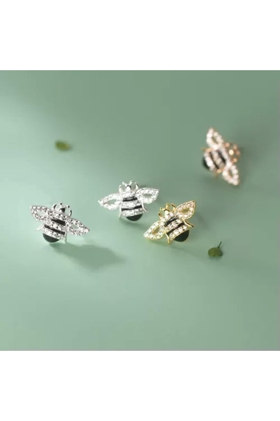 Yellow Crystal Bumblebee Stud Earrings Set 925 Sterling Silver Push Back-Silver