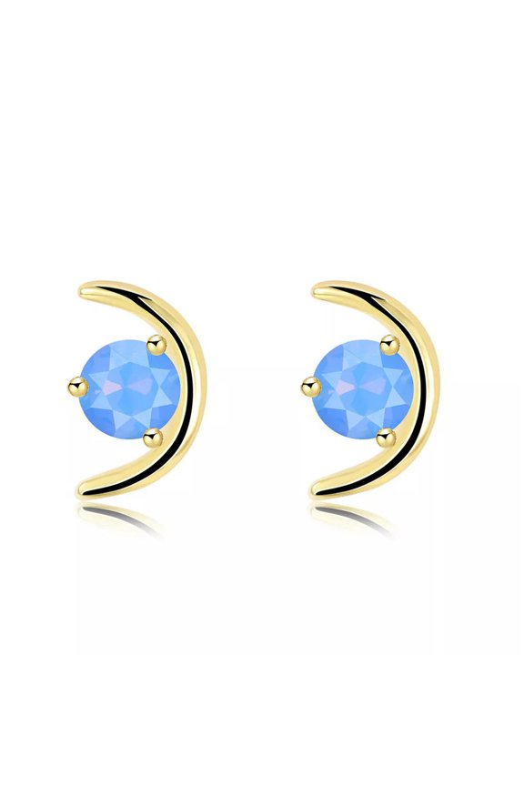 Yellow Gold Plated Earrings Stud Aaa Zirconia Opal Blue Push Back Clasp L486-Default