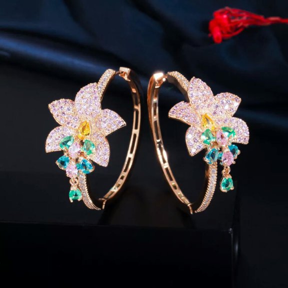 EOEMY Yellow Gold Zirconia Pink Blue Ladies Big Circle Tassel Flower Drop Hoop Earring