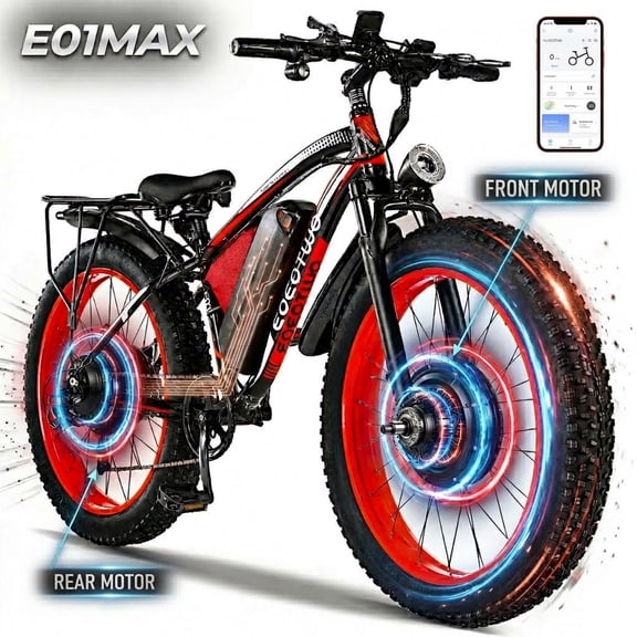 EOEOTWO E01MAX Electric Bike for Adults, Dual Motor Off-Road Ebike, 26" Fat Tire Fast Mountain E-Bike with 48V 23Ah Battery, Dual Hydraulic Brakes, 80 Miles Long Range UL 2849