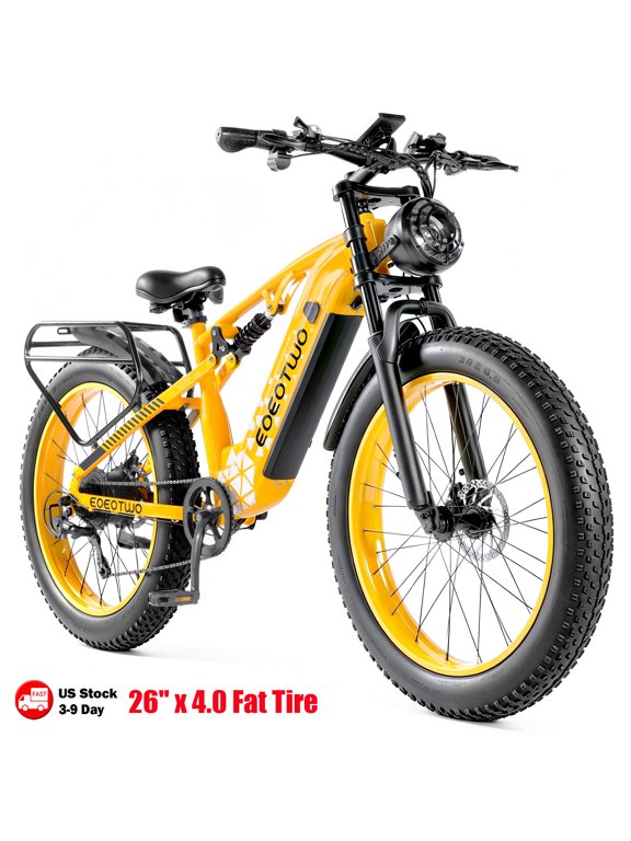 EOEOTWO E03 Class 3 Electric Bike for Adults, 750W Motor, 26" x 4.0" Fat Tires, 5-Speed Control, Full Suspension, 17.5Ah Removable Battery, 28 MPH