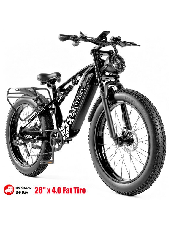 EOEOTWO E03 Electric Fat-Tire Bike, 750W Class 3 Hub Motor, 48V 17.5Ah Battery, 5 Speeds, Dual Suspension, 60-Mile Range, 28 MPH, Black