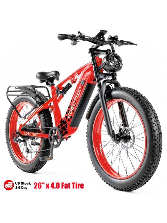 EOEOTWO E03 Electric Fat-Tire Bike, 750W Class 3 Hub Motor, 48V 17.5Ah Battery, 5 Speeds, Dual Suspension, 60-Mile Range, 28 MPH, Red