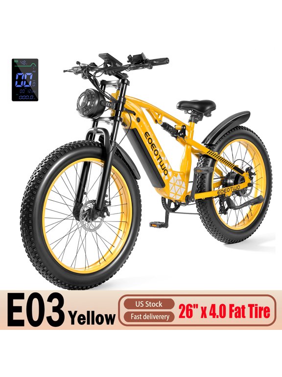 EOEOTWO E03 Long-Range Electric Bicycle, 750W Class 3 Motor, 48V 17.5Ah Removable Battery, 26x4.0 Fat Tires, Dual Suspension, 60-Mile Pedal-Assist Range, 28 MPH