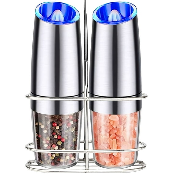 EOIVSH 2 Pack Gravity Electric Salt and Pepper Grinder Set,Kitchen Gadgets,LED Light,Stainless Steel