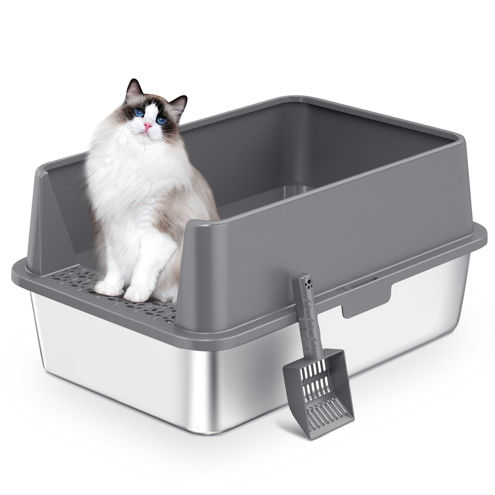 Extra Large Gray Stainless Steel Cat Litter Box with Lid