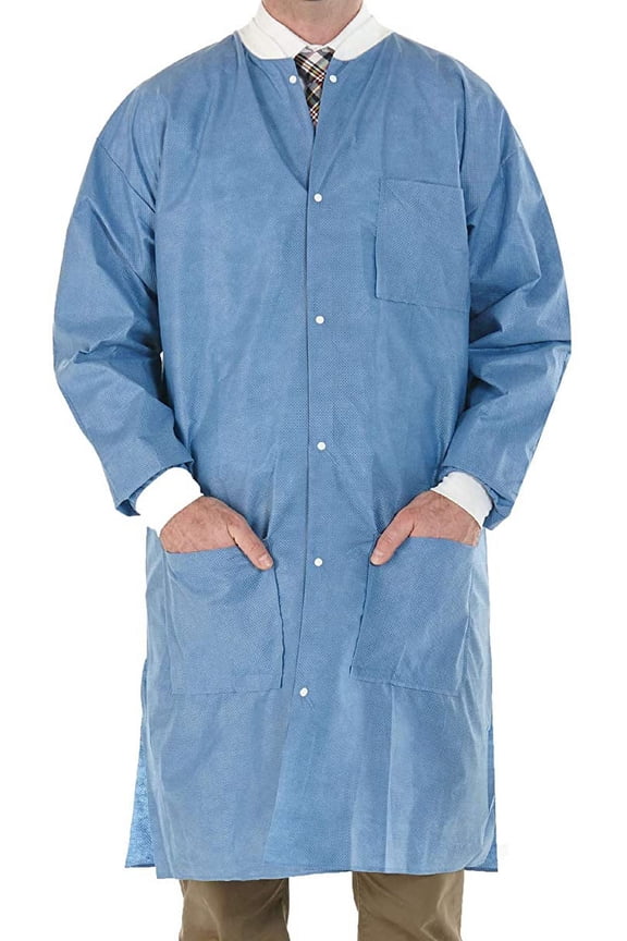 Distributors High Performance SMS Disposable Lab Coat With Knit Cuffs and Collar, 3 Pockets Thigh Length Individually Wrapped Pack of 10, Size Large