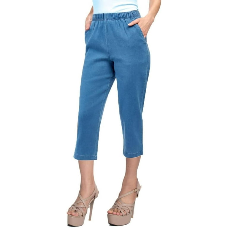 EOM Womans Pull On Side Pockets Full Elastic Waist Capri Length Jeans  (Large, Chambray)