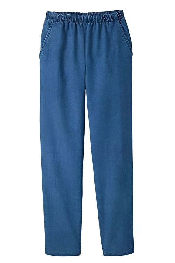 Womans Pull On Side Pockets Full Elastic Waist Jeans (Chambray, M)