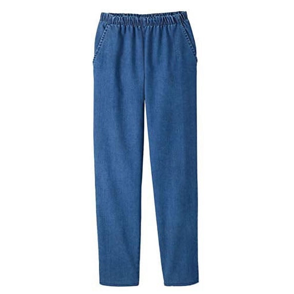 EOM Womans Pull On Side Pockets Full Elastic Waist Jeans (Indigo, L)