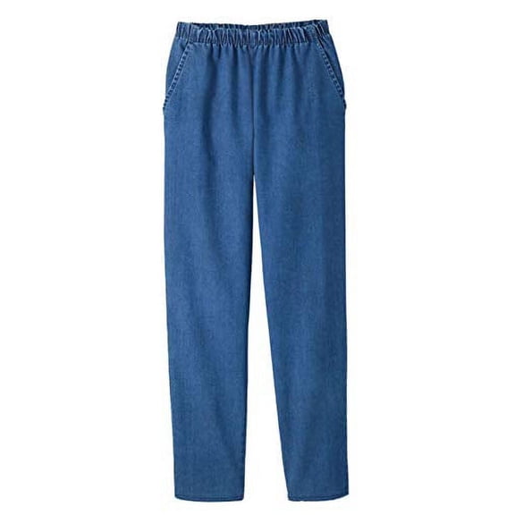 EOM Womans Pull On Side Pockets Full Elastic Waist Jeans (Indigo, L)