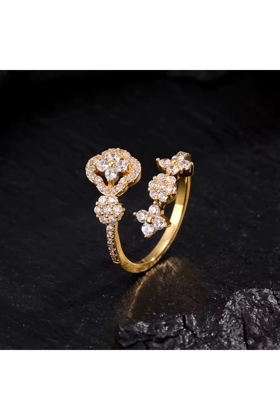 Gold Color Dainty Flower Shiny Cubic Zircon Adjustable Finger Ring for Women