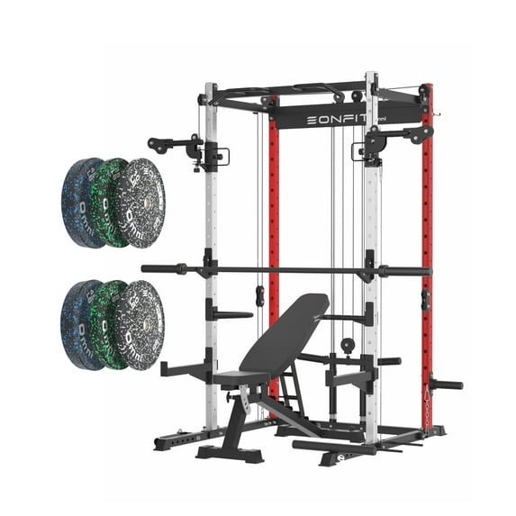 EONFITOmni Power Cage Home Gym Package, 1000LBS Multi-Functional Workout Squat Rack with Pulley System 18-Level Adjustable Height and J-Hooks, Dip Bars, T-Bar, Gym Equipment