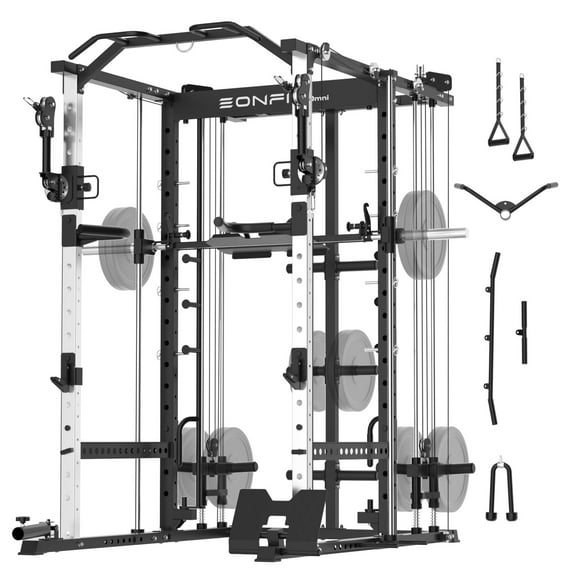 EONFITOmni Power Cage Smith Machine, All-in-One Power Cage Squat Rack with 360Adjustable Cable Crossover Machine, Two LAT Pull-Down Systems and Vertical Leg Press for Home Gym