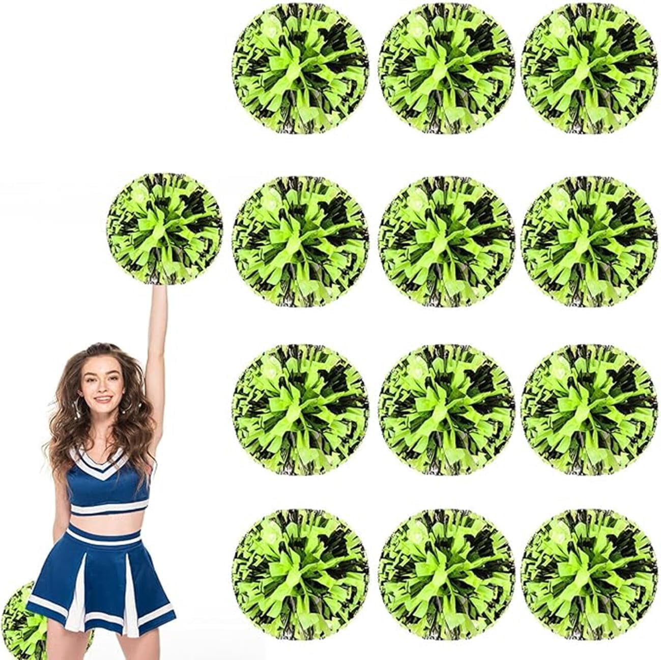 EONQY 12 Pcs Cheerleading Pom Poms Cheerleader Squad Spirited Fun Pompoms 10 Inch Metallic Foil Cheer Pom Poms with Handle Flowers for Sport Team Dance Party