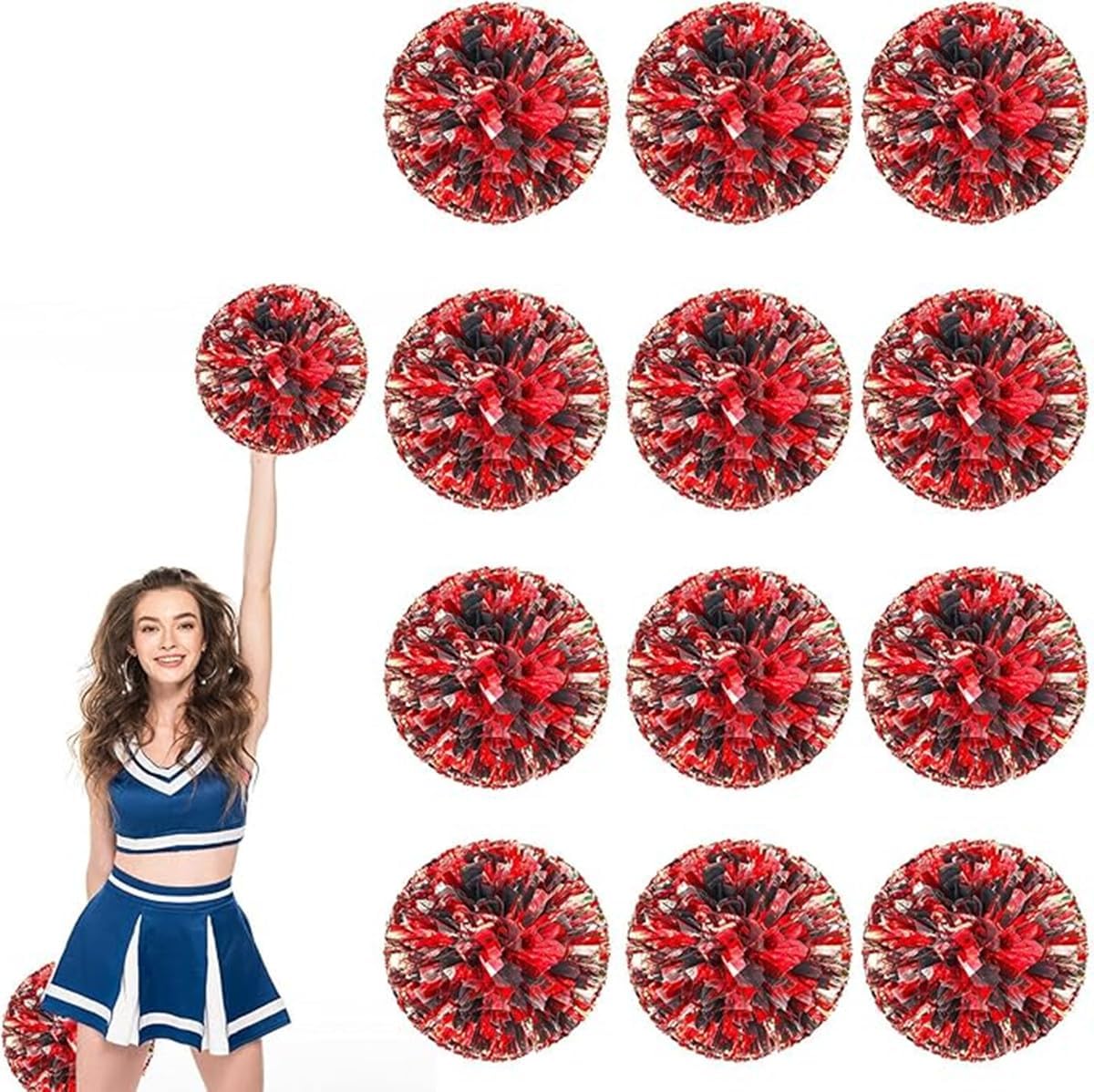 EONQY 12 Pcs Cheerleading Pom Poms Cheerleader Squad Spirited Fun Pompoms 10 Inch Metallic Foil Cheer Pom Poms with Handle Flowers for Sport Team Dance Party