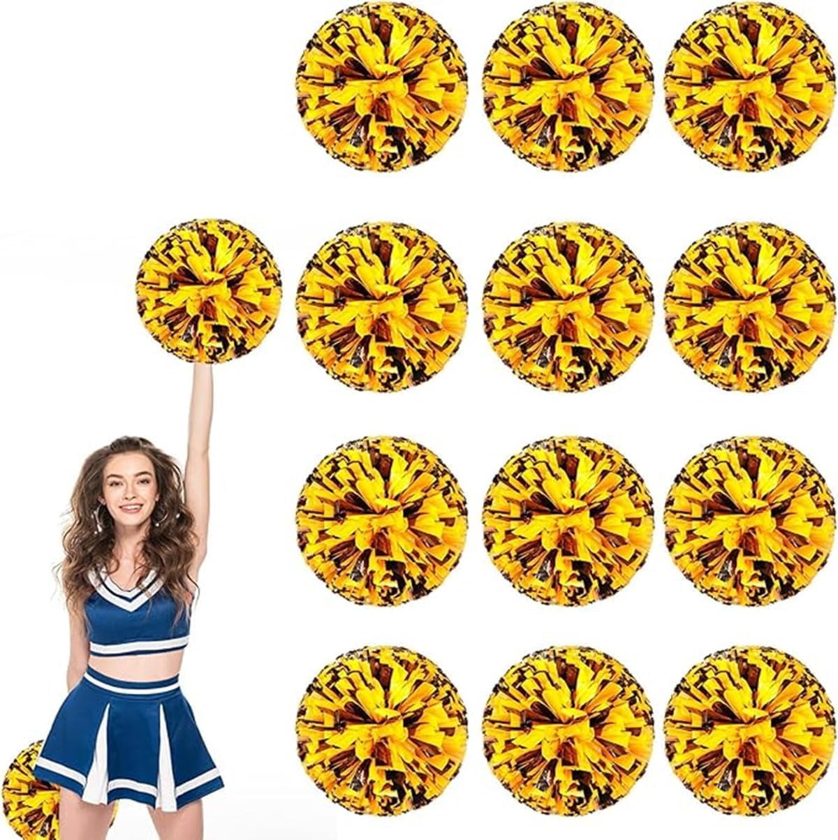 EONQY 12 Pcs Cheerleading Pom Poms Cheerleader Squad Spirited Fun Pompoms 10 Inch Metallic Foil Cheer Pom Poms with Handle Flowers for Sport Team Dance Party