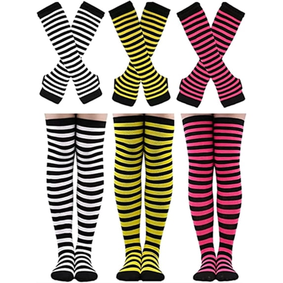 EONQY 3 Pack Gloves Socks Set Halloween Funny Stockings Stripe Knee Thigh High Socks Arm Warmer Fingerless Gloves