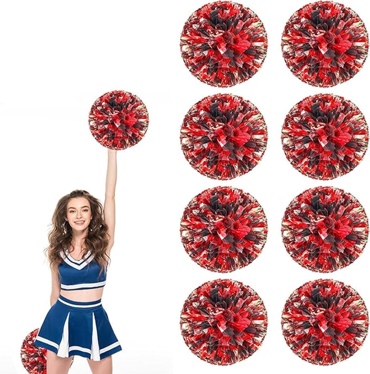 EONQY 8 Pcs Cheerleading Pom Poms Cheerleader Squad Spirited Fun Pompoms 10 Inch Metallic Foil Cheer Pom Poms with Handle Flowers for Sport Team Dance Party