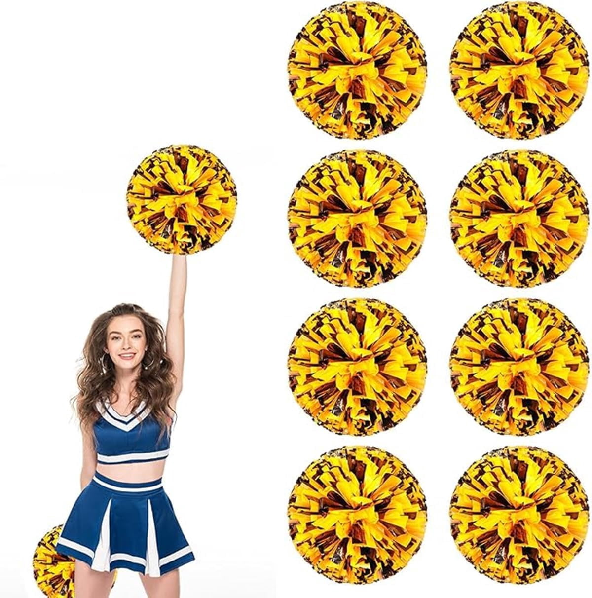 EONQY 8 Pcs Cheerleading Pom Poms Cheerleader Squad Spirited Fun Pompoms 10 Inch Metallic Foil Cheer Pom Poms with Handle Flowers for Sport Team Dance Party
