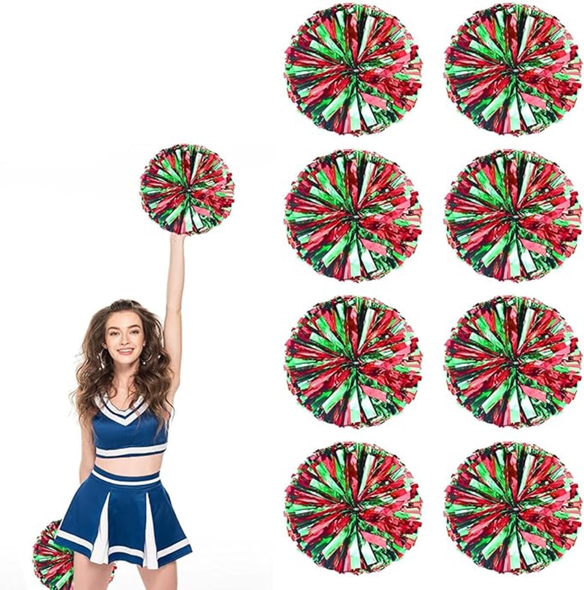 EONQY 8 Pcs Cheerleading Pom Poms Cheerleader Squad Spirited Fun Pompoms 10 Inch Metallic Foil Cheer Pom Poms with Handle Flowers for Sport Team Dance Party