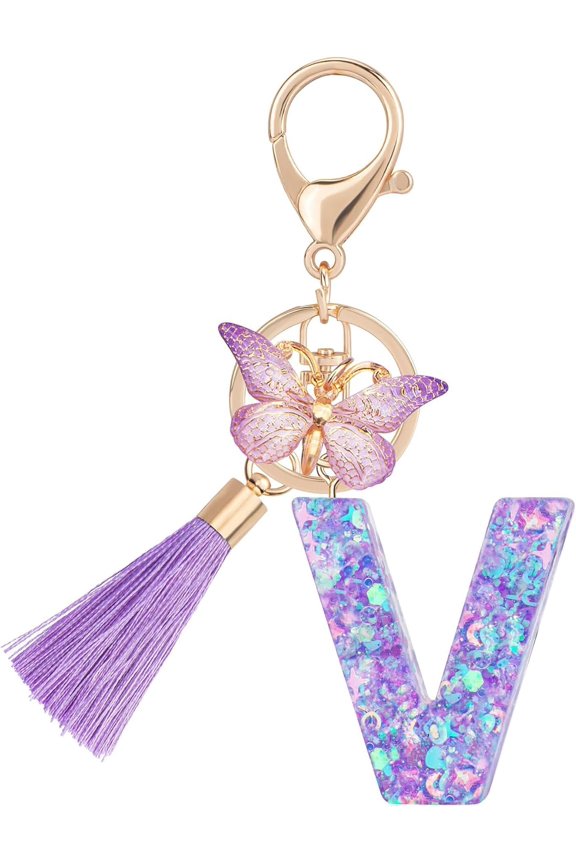 Initial letter Keychains for Women Tassel Butterfly Cute Car Keychain for Wallet Backpack Bag