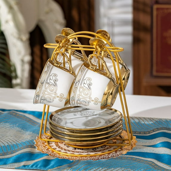 EONROACOO 13 Pcs Porcelain Tea Cup Set with Metal Rack, Coffee Cups, 220ml/7oz, Crown