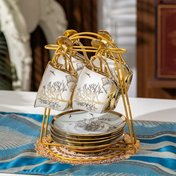 EONROACOO 13 Pcs Porcelain Tea Cup Set with Metal Rack, Coffee Cups, 220ml/7oz, Tree